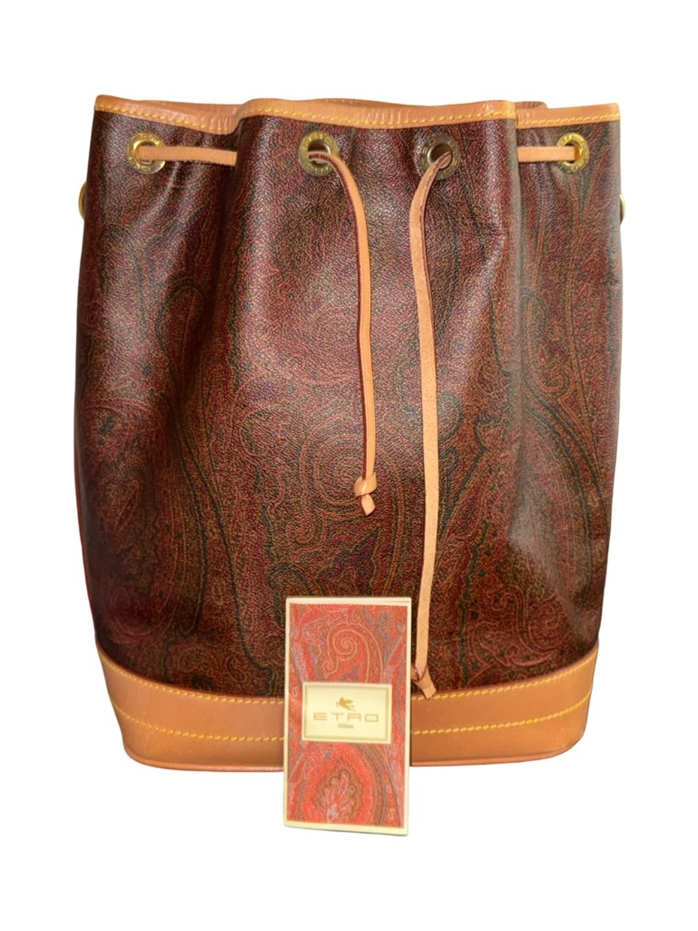 ETRO Paisley Bucket Bag Brown & Tan Leather Shoulder Bag Rare Leather Interior